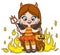 Cute cartoon long haired girl in a Halloween devil costume with pumpkin for sweets color variation for coloring page on white