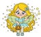 Cute cartoon long haired girl in Halloween fairy dress with pumpkin for sweets color variation for coloring page on white