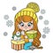 Cute cartoon longhaired girl with gift in hand color variation for coloring page on white