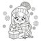 Cute cartoon longhaired girl with gift in hand outlined for coloring page on white