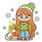 Cute cartoon longhaired girl in hat and sweater with a gifts on sled and cup in hands color variation for coloring page on white