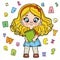 Cute cartoon longhaired girl holding textbook color variation for coloring page on a white