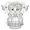 Cute cartoon longhaired girl princess with a birds dress outlined for coloring page on white