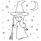 Cute cartoon lovely black and white witch with broom vector illustration for coloring art