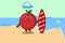 Cute cartoon Lychee character playing surfing