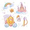 Cute cartoon magic princess icon collection. Icon princess set with princess castle, rainbow, brougham, royal crown and