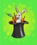 A cute cartoon magicians bunny rabbit coming out of a top hat with carrots