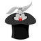 A cute cartoon magicians bunny rabbit coming out of a top hat with a magic wand