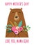 Cute cartoon Mama Bear with flowers bouquet, Mother`s day card