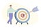 Cute cartoon man and dart board with bow arrow. Direct hit on target. Business purpose, success, goal achievement concept.