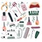 Cute cartoon manicure  pedicure equipment vector set  with nail scissors, polish, cream. Concept for nail studio, salon.