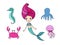 Cute cartoon mermaid, funny crab, jellyfish, octopus and sea horse.