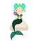 Cute cartoon mermaid sitting on stone holding shell