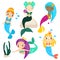 Cute cartoon mermaids set and design elements. Stickers, clip art for girls in kawaii style