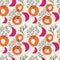 Cute cartoon messy flowers, dots, shapes seamless pattern.