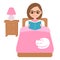 Cute cartoon middle-aged woman reading book in bed