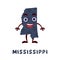 Cute cartoon Mississippi state character clipart. Illustrated map of state of Mississippi of USA with state name. Funny character