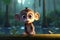 Cute Cartoon Monkey With Very Big Eyes And Pitying Gaze A Forest With A Glowing Lake. Generative AI