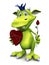 Cute cartoon monster holding rose and chocolate.