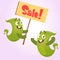 Cute cartoon monster holding sale sign. Green monsters set for shopping discount.