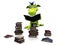 Cute cartoon monster sitting on a pile of books.