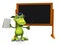 Cute cartoon monster standing in front of blank blackboard.