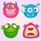 Cute cartoon monsters collection. Vector set of 4 Halloween monster icons.