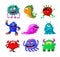 Cute Cartoon Monsters Set. Comic Halloween Joyful Characters, Funny Devil, Ugly Alien and Smile Creatures Isolated