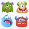 Cute cartoon monsters. Vector set of 4 Halloween monster icons.