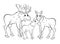 Cute cartoon moose family vector coloring page outline. Male and female mooses with little moose. Coloring book of forest animals