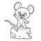 Cute cartoon mouse greets standing on a large piece of cheese outlined for coloring page on white