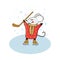 Cute cartoon mouse play ice hockey on ice. Mouse engaged in winter sports. Funny animal playing in winter. Win the games. Hand