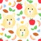 Cute cartoon mouse or small rodent eating seamless pattern background. Hand drawn happy chinchilla eating leaf, almond and apple