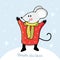 Cute cartoon mouse in vector. Funny and happy mouse plays and dances under the falling snow. Hand drawn text Happy New year.