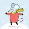 Cute cartoon mouse in vector. Funny and happy mouse plays and dances under the falling snow. Hand drawn text Happy New year.