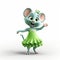 Cute Cartoon Mouse Waving In Green Dress - Photorealistic Rendering