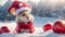 Cute cartoon mouse wearing Santa hat a background snow