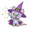 Cute cartoon mouse wizard with magic wand color variation for coloring page on white