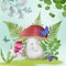 Cute cartoon mushroom illustration Fairy forest watercolor illustrated scenery Magic environment Flowers leaves and butterfly