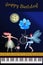 Cute cartoon musical fairy with treble clef in shape of cosmos flower, winged elf with magic lire, moon in night sky