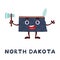 Cute cartoon North Dakota state character clipart. Illustrated map of state of North Dakota of USA with state name. Funny