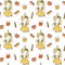 Cute cartoon oktoberfest seamless vector pattern background illustration with unicorns, beers, hot dogs, pretzels and wheats