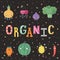 Cute cartoon organic illustration with fruits and vegetables.