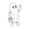 Cute cartoon outline ghost walking with tiny pumpkun pot full of candies. Retro doodle illustration for Halloween