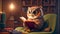 Cute cartoon owl with a book reading funny animal character education library literature