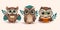 Cute cartoon owl in glasses set with a book, smart student kids collection, teacher student bird funny animal.