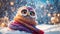 Cute cartoon owl, snow animal card wildlife January