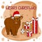 Cute Cartoon ox high land cow is standing on the ground on pink and brown background with new year gifts and Merry Christmas text