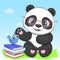 Cute cartoon panda with glasses, books, birds.