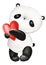 Cute cartoon panda and red heart on isolated background. Watercolor Illustration. Teddy panda bear, valentines day